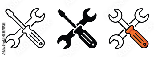 Crossed wrench and screwdriver icons in various styles, mechanical repair tools icon collection, clean modern design