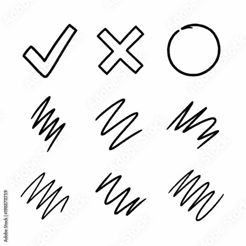 Hand drawn check mark cross and circle symbols.