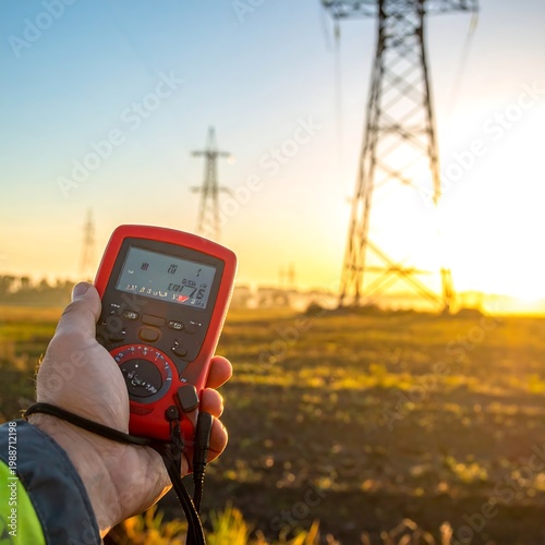 Person holding multimeter near power lines.
