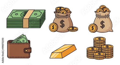 Financial assets including cash coins gold and wallet.