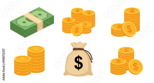 Financial Assets Including Money Bills Coins and Money Bag.