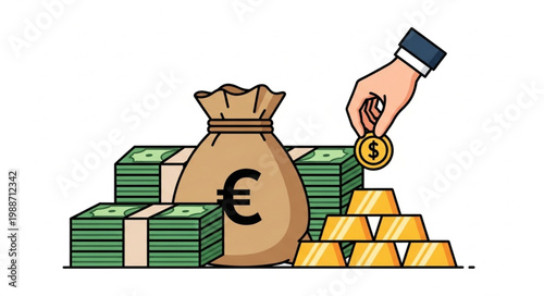 Financial Wealth Growth With Euro Bag Gold Bars and Coins.