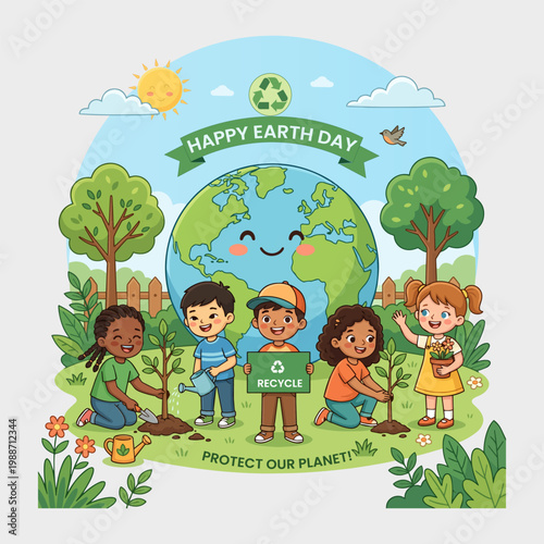 earth day vector illustration of kids around the globe planting trees to save the environment