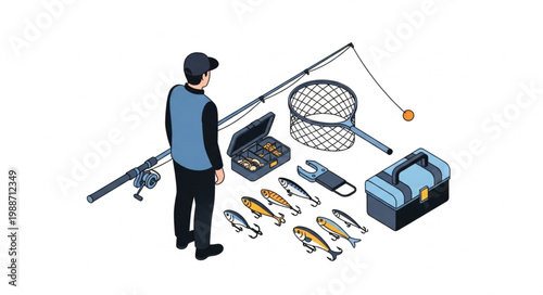Fisherman with fishing gear and tackle box illustration.