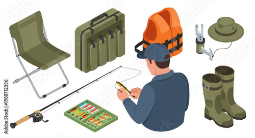 Fisherman and fishing equipment for outdoor leisure activity.