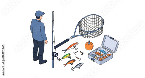 Fisherman with Fishing Gear and Tackle Box.