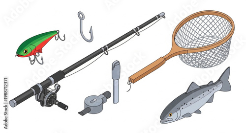 Fishing equipment and a caught fish on a white background.