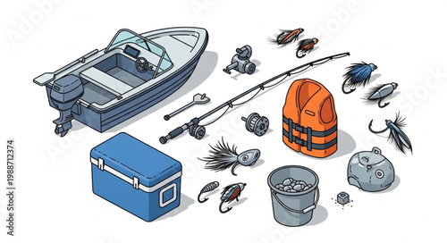 Fishing boat with various fishing equipment and accessories for outdoor recreation.