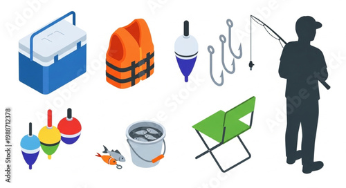Fishing Equipment and Fisherman Silhouette Set.