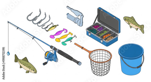 Fishing equipment set with rod reel lures hooks net and bucket for angling hobby.