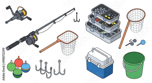 Fishing Equipment Collection Rod Reel Lures Net Tackle Box Bucket.