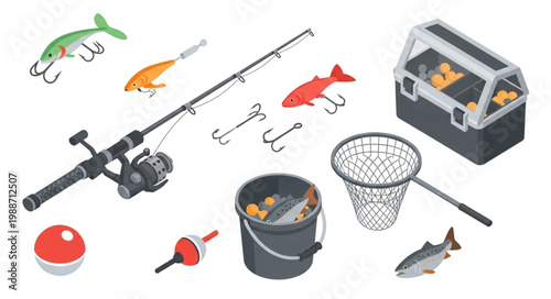 Fishing Gear and Equipment Set for Angling Sport.