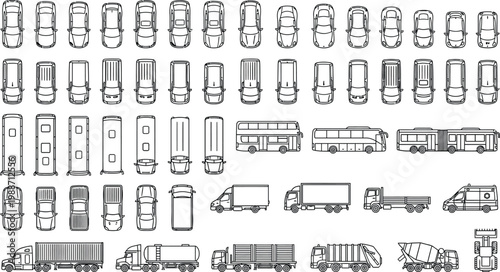 Vehicles outline vector mega set in top view. Thin line CAD transport icons of cars, vans, buses and trucks for urban planning, traffic diagrams, city maps and architectural design