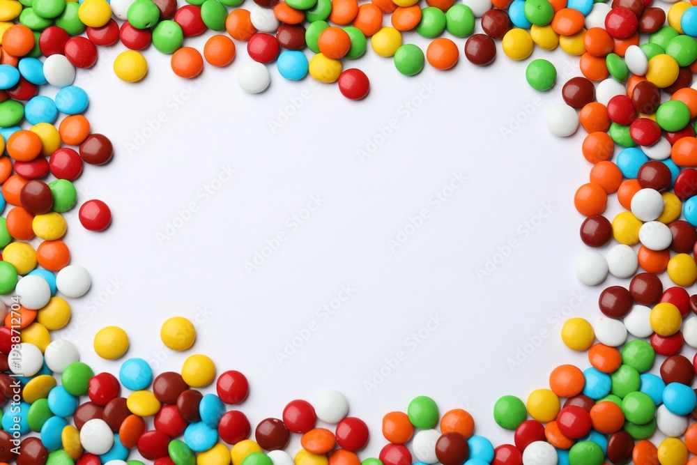 Obraz premium Frame made of delicious colorful candies on white background, top view. Space for text