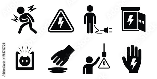 High voltage warning icons illustration set, stick figure silhouettes showing electric shock hazard plug spark and socket risk symbols.