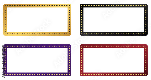 Collection of rectangular frames with dotted light borders in gold, black, purple, and red