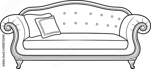 sofa illustration, elegant patterned couch with rolled arms and wooden legs for interior design, living room decor.