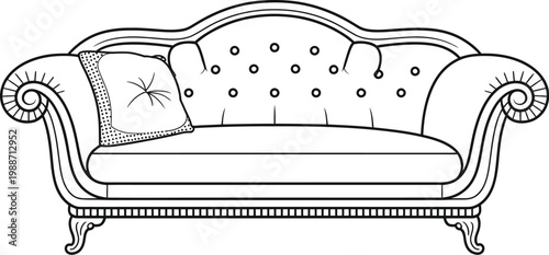Elegant  sofa illustration, floral patterned couch with rolled arms and wooden legs for interior design and living room decor.