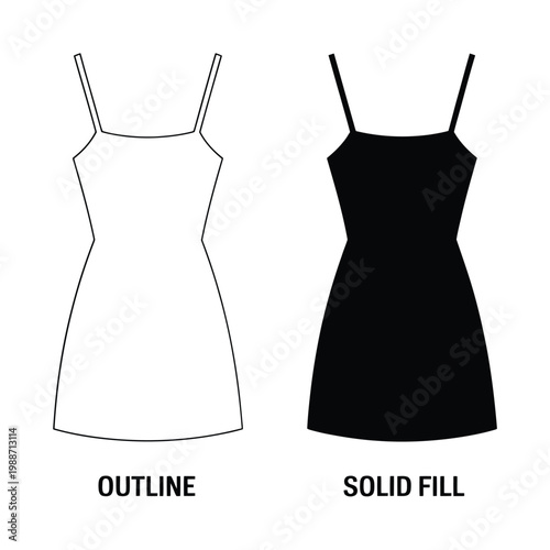 Two depictions of a simple spaghetti strap dress outline and solid