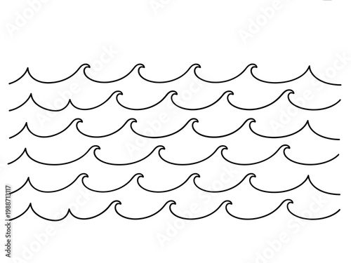 Simple black and white illustration of repeating stylized ocean waves