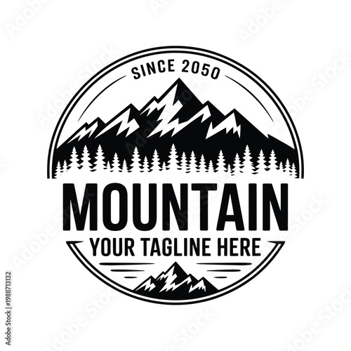 Black and white mountain logo with text and circular design elements