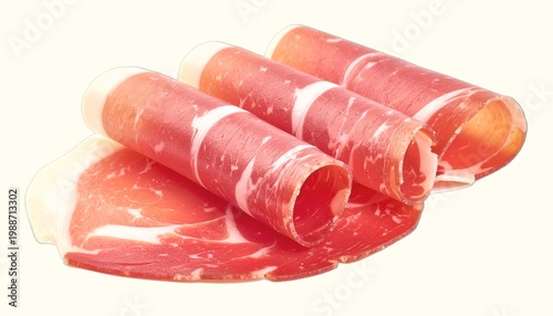 Delicate Thin Slices of Spanish Jamón Ibérico, Premium Cured Ham Isolated on White Background, Essential Component of Tapas and Charcuterie Boards