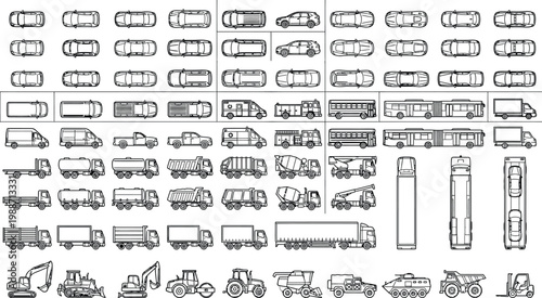 Top view and side view vehicles vector mega set. Thin line transport icons of cars, trucks, buses, emergency and construction vehicles for urban planning, city maps and CAD design