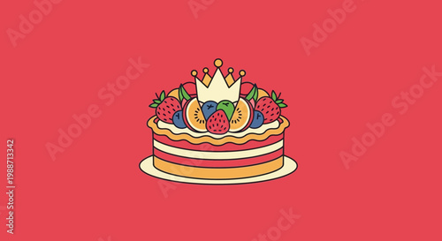 A Luxurious Layered Cake Adorned With a Crown and Fresh Fruits on a Red Backdrop