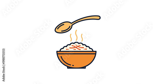 A Delicious Bowl Of Rice And Spoon Ready To Serve Isolated on White Background