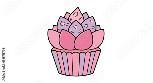 A Beautiful Floral Decorated Cupcake Illustration On A White Background for Dessert