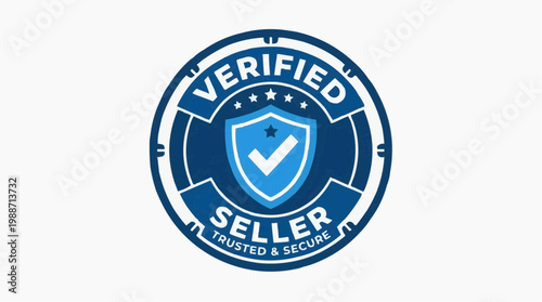 A verified seller icon with a shield and checkmark in a blue and white circular design