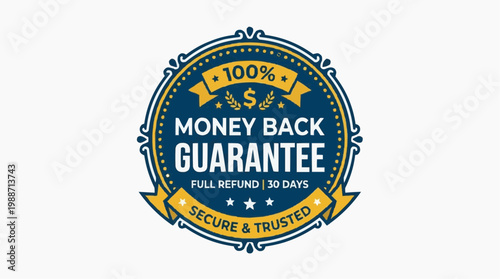 A vector graphic illustration of a money back guarantee seal with a blue and yellow color scheme