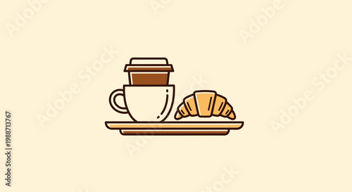 A Delightful Illustrated Breakfast Featuring Coffee, Croissant, and Coffee Cup on a Tray