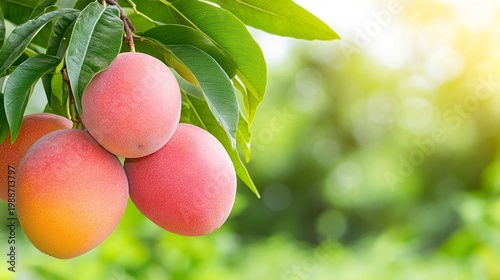Red mangoes on a tree branch in garden.
