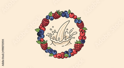 A Circular Frame of Berries Surrounding a Milk Splash With a Soft Creamy Background