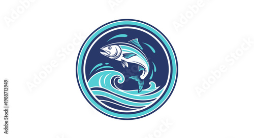 A Circular Emblem of a Fish Leaping Over Waves in a Classic, Stylish Design