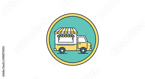 A Colorful Illustration of a Food Truck Within a Circular Frame on a White Background