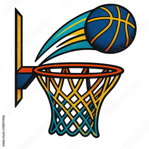 Slam dunk into the basketball hoop.  Dynamic basketball clipart