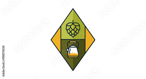 Abstract Beer Brewing Icon Design With Hops and Kettle In Geometric Rhombus Shape