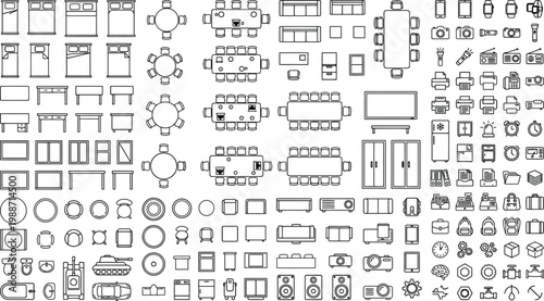 Top view furniture floor plan symbols vector mega set. Thin line CAD icons of tables, chairs, sofas, seating layouts and storage for interior design, office planning and architectural blueprints