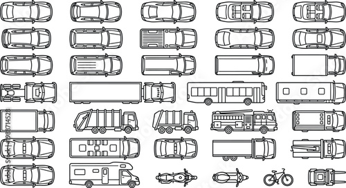 Top view vehicles outline vector set. Thin line CAD transport icons of cars, SUVs, trucks, buses, motorcycle and bicycle for urban planning, traffic layouts, city maps and architectural design