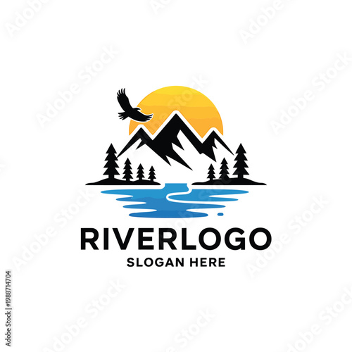 Mountain landscape logo with a river sun and soaring bird silhouette