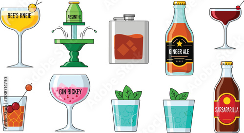 Classic Prohibition Era Cocktail Vector Illustration Set Featuring Bee's Knees, Gin Rickey, Absinthe Fountain, Ginger Ale, and Sarsaparilla for Vintage Bar Menu Designs