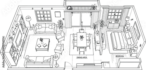 Isometric apartment interior vector illustration. 3D cutaway home layout with living room, kitchen, dining area, furniture and people for architectural design, real estate and interior visualization
