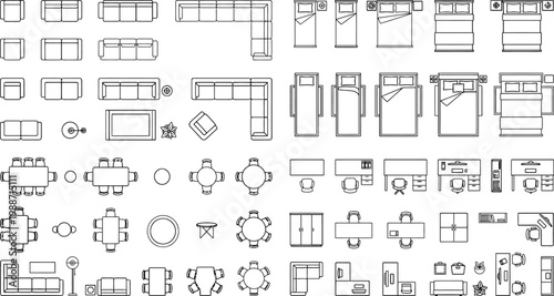 Top view interior furniture and fixture symbols vector set. Thin line CAD floor plan icons of sofas, beds, kitchen, bathroom and layout elements for architectural design and blueprints