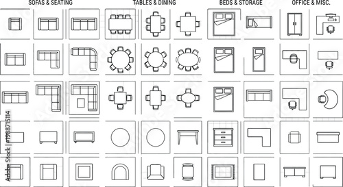 Top view architectural floor plan symbols vector set. Thin line CAD icons of furniture and fixtures including sofas, beds, kitchen and bathroom elements for interior design layouts and blueprints