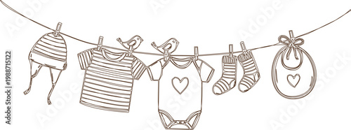 An engraving art style handdrawn illustration, baby clothes and accessories hanging on a clothesline with a bird