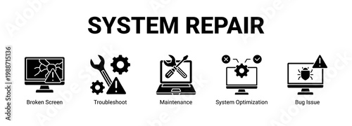 System Repair web banner icon concept, with Broken Screen, Troubleshoot, Maintenance, System Optimization.