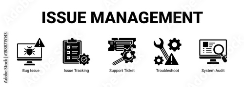 Issue Management web banner icon concept, with Bug Issue, Issue Tracking, Support Ticket, Troubleshoot.