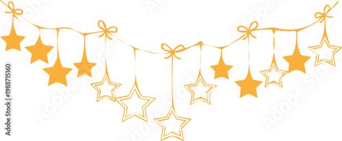 An engraving art style handdrawn illustration, decorative garland with hanging stars and bows, festive party bunting element